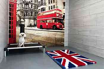 Very large dog room with mural of a red London bus and telephone box, a miniature white Poodle sits on a platform and a plush Union Jack rug
