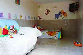 A large dog room with a full size bed and sofa, a TV high up on the wall and a Winnie The Pooh theme
